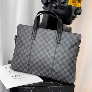 欧美时尚格子男包男士包包手提包，横款公文包商务单肩包电脑文件包