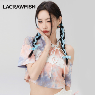 lacrawfish甜酷辣妹字母pu皮，剪花绑绳挂脖露肩短袖扎染t恤女上衣