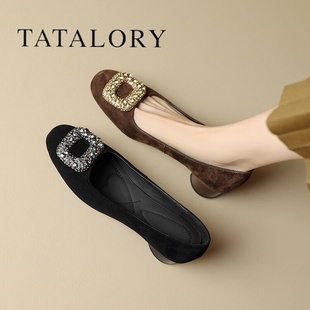 tatalory女鞋法式水钻浅口高跟鞋女春秋，复古磨砂粗跟单鞋女瓢鞋