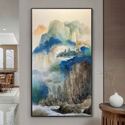 新中式青绿山水风景题材纯手绘油画玄关装饰画客厅高端挂画大芬村