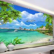 5D海景电视背景墙壁纸8d简约现代大海沙滩椰树地中海风景墙布壁画
