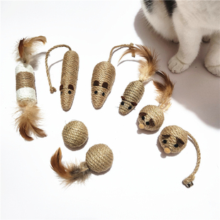 20元猫玩具自然色麻老鼠羽毛球麻绳球自嗨啃咬磨牙互动