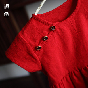 亲子小女孩儿童夏季纯棉大红色连衣裙母女装复古度假短袖沙滩裙子