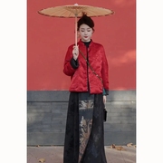 中式新年战袍国潮套装裙冬季国风红色外套黑色马面裙两件套女