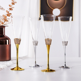香槟杯创意镶钻水晶玻璃，高脚杯子婚礼宴庆对杯，会所金色酒具礼盒装