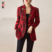 潮流时尚英伦风格子西装外套，女酷飒羊毛，粗花呢复古红色上衣都市风