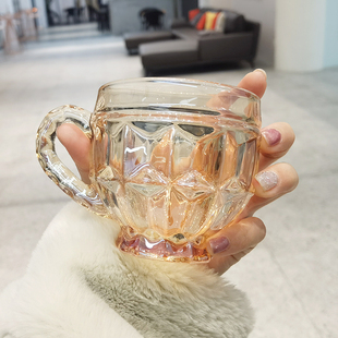 法式琥珀色浮雕玻璃杯复古带把ins风小水杯咖啡杯，奶茶杯饮料杯子