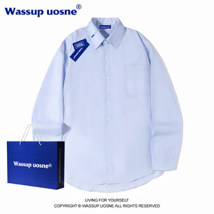 WASSUP蓝色衬衫男女春秋季韩版中长款休闲宽松纯棉情侣装衬衣外套