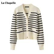 拉夏贝尔/La Chapelle法式V领长袖针织开衫外套女秋季宽松上衣