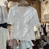 白色抽绳收腰短袖衬衫女2024夏设计(夏设计)感荷叶边衬衣花边v领上衣