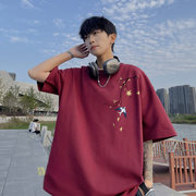 新中式男装t恤中国风短袖酒红色情侣重磅320g夏季潮牌纯棉三本针
