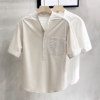 麻棉质感男士夏季日系复古亚短袖衬衫体恤，中国风白polo衫立领衬衣
