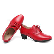 圆头单鞋女2024春季红色，真皮深口高跟，英伦风小皮鞋粗跟女鞋子