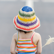 彩虹拼色儿童草帽夏季出游宝宝，沙滩帽子薄款防晒男女童太阳公主帽