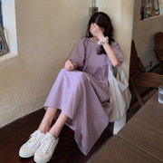  韩国紫色蝴蝶结泡泡袖连衣裙韩式复古高腰宽松长款裙子