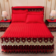 结婚大红蕾丝夹棉床裙加厚花边床罩床套1.8米床保护席梦思防滑套