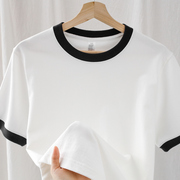 韩国日系休闲的撞色T恤265g重磅藏青色短袖T恤女士宽松不透半袖
