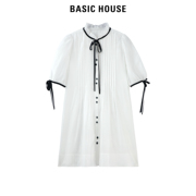 Basic House/百家好压褶立领白色连衣裙女2024甜美清透衬衫裙