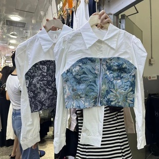 法式假两件衬衫拉链气质韩版复古碎花泡泡袖短款显瘦上衣