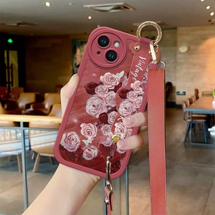 油画玫瑰红适用于苹果13手机壳，iphone15pro文艺14promax女12创意11pro腕带，x斜挎8plus个性7防摔6s软壳