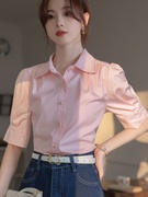 夏季法式粉红色衬衫，女上衣职场轻熟中袖面试职业正装短袖通勤衬衣