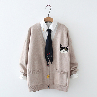 学院风开衫毛衣秋装，日系刺绣猫咪减龄少女，宽松长袖针织衫学生外套