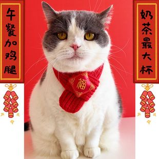 猫咪新年围巾宠物围脖红色，冬保暖中国风，口水巾围兜狗狗龙年装饰品