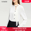 Amii中式雪纺衫女2024春季长袖气质上衣立领绑带宽松衬衫白色