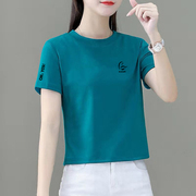 小个子短袖t恤女夏季短款深蓝色夏2024棉，宽松显瘦高腰简约上0405n