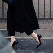 2024年春季御姐性感尖头高级感单鞋女细跟黑色漆皮红底高跟鞋