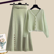 秋季女装套装裙茶系穿搭一整套初，冬季绿色毛衣外套裙子两件套