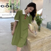 绿色休闲polo连衣裙夏季女2024韩版宽松拼接设计小个子T恤裙