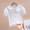 女童衬衣短袖2024夏季韩版娃娃，领上衣洋气，泡泡袖儿童白色衬衫
