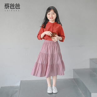 蔡爸爸文艺儿童装，长袖圆领上衣小个子，女装春秋砖红衬衫1220+1308