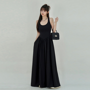 野屋yeu黑色裙子无袖工字，背心连衣裙女夏季法式收腰显瘦气质长裙