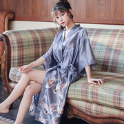 夏季真丝睡衣女士性感睡袍中长款韩日式(韩日式)和服，系带浴袍丝绸睡裙薄款