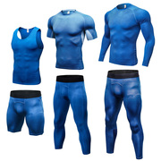 蓝色印花运动紧身衣男弹力速干背心短袖长袖健身房撸铁训练健身衣