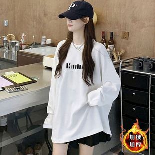 春秋韩版女装印花字母休闲T恤通勤常规圆领套头宽松中长款长袖
