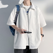 森马棉致白色拉链短袖衬衫男夏季高级设计感休闲大码百搭衬衣外套