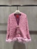 琳烺红标2023秋冬许愿羊毛，拼接鸵鸟毛v领气质时尚短款外套上衣
