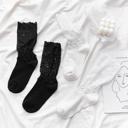 复古镂空花纹花边袜子女，中筒袜白色棉袜长筒，甜美日系可爱黑色长袜