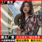 复古港味印花衬衫女短袖夏季宽松polo领碎花上衣设计感小众衬衣潮