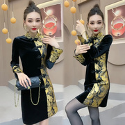 新中式国风唐装改良旗袍高端精致高级感超好看丝绒长袖连衣裙子女
