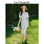 拉夏贝尔lachapelle法式方领连衣裙女夏季温，柔风白色显瘦茶歇裙