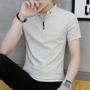 男士短袖t恤夏季韩版潮流，polo衫修身半袖立领衬衫，潮牌拉链帅气t恤