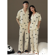 熊猫睡衣情侣装夏季纯棉短袖长裤一男一女甜美卡通开衫家居服套装