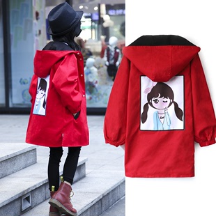 女童春装两面穿过年红色，风衣外套韩版女童风衣棉衣中长款双面外套