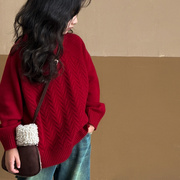 定制女童毛衣2024春装，圆领套头针织衫红色，新年衣服冬季打底衫