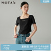 MOFAN摩凡2024夏活性黑字母印花短袖T恤女短款设计感方领上衣