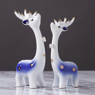 现代陶瓷工艺品摆件小鹿，家居房间装饰品创意结婚礼物客厅玄关摆设
